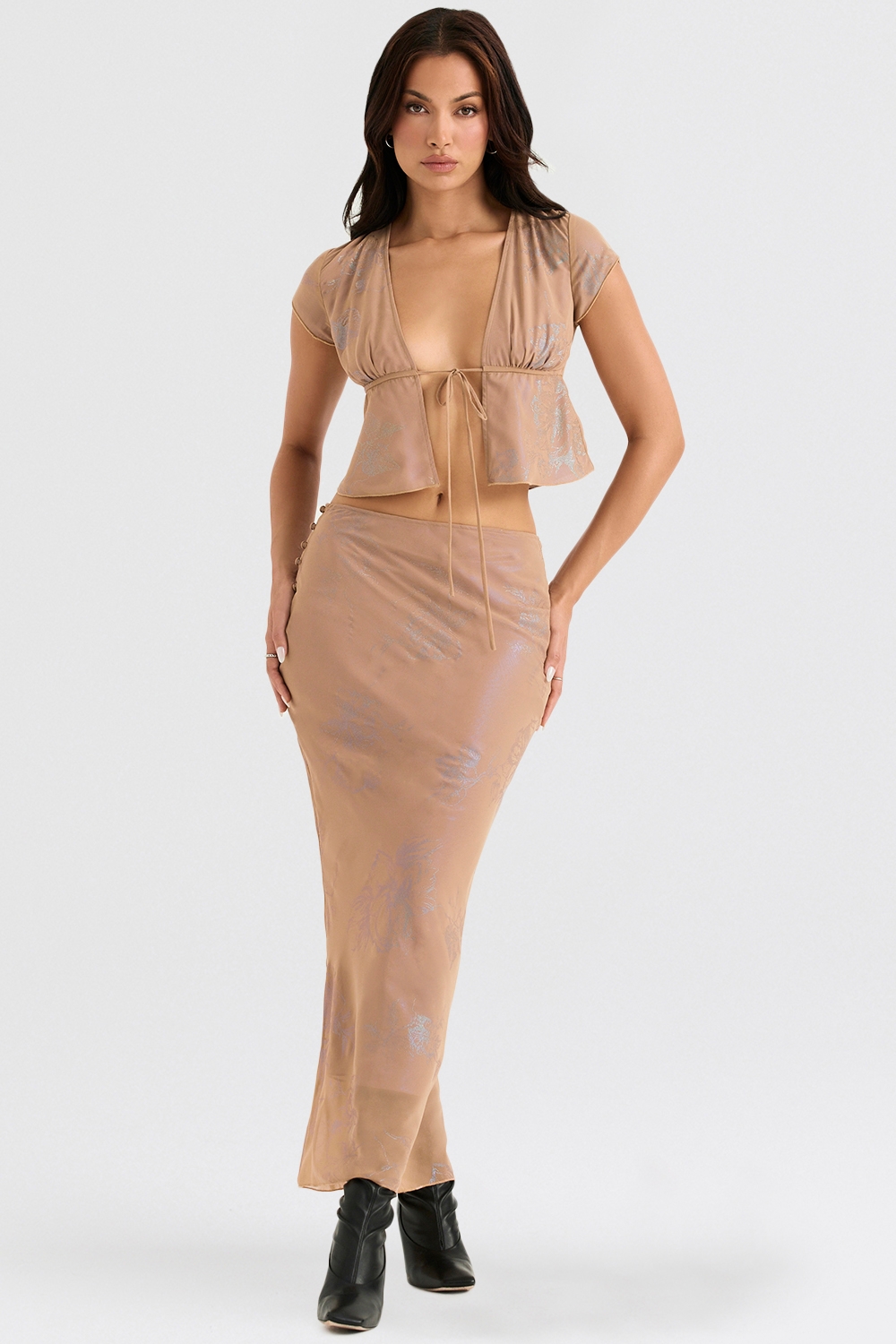 shimmer cafe au lait tie front top