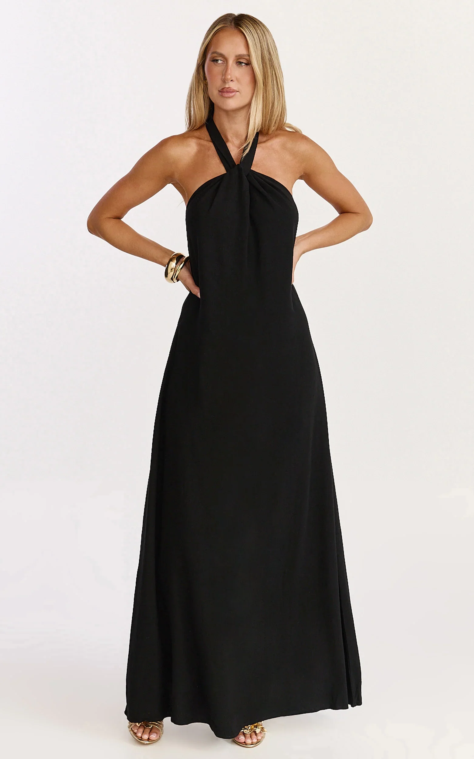 Hilda Maxi Dress - Knot Detail Halter Neck Maxi Dress in Black