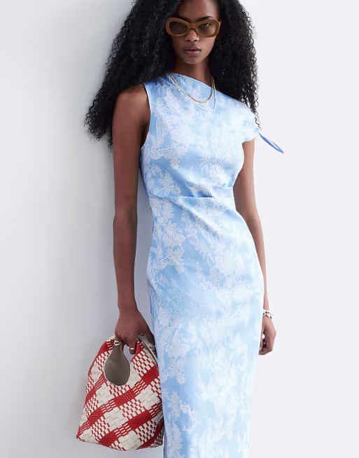 & Other Stories rich linen asymmetric boatneck midi dress in light blue print