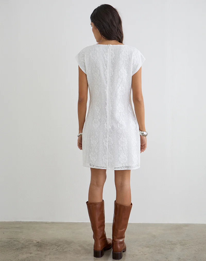Yenna Plunge Mini Dress in Floral Lace White