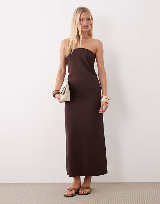 linen blend clean column maxi dress in chocolate