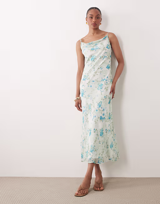 Vero Moda Tall Smilla chiffon cowl neck cami midi dress in blue floral print