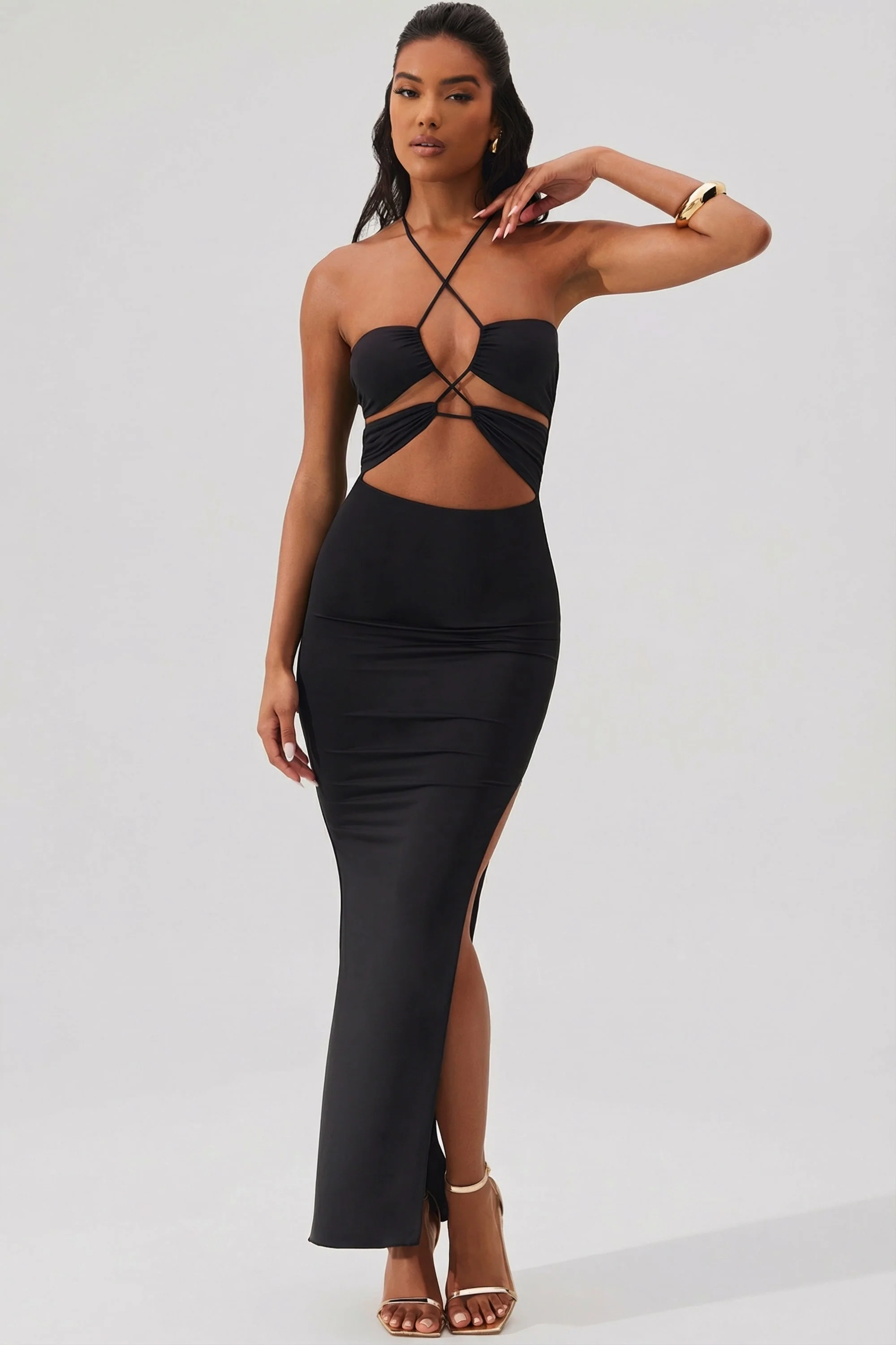 Cut Out Halter Neck Floor Length Maxi Dress in Black
