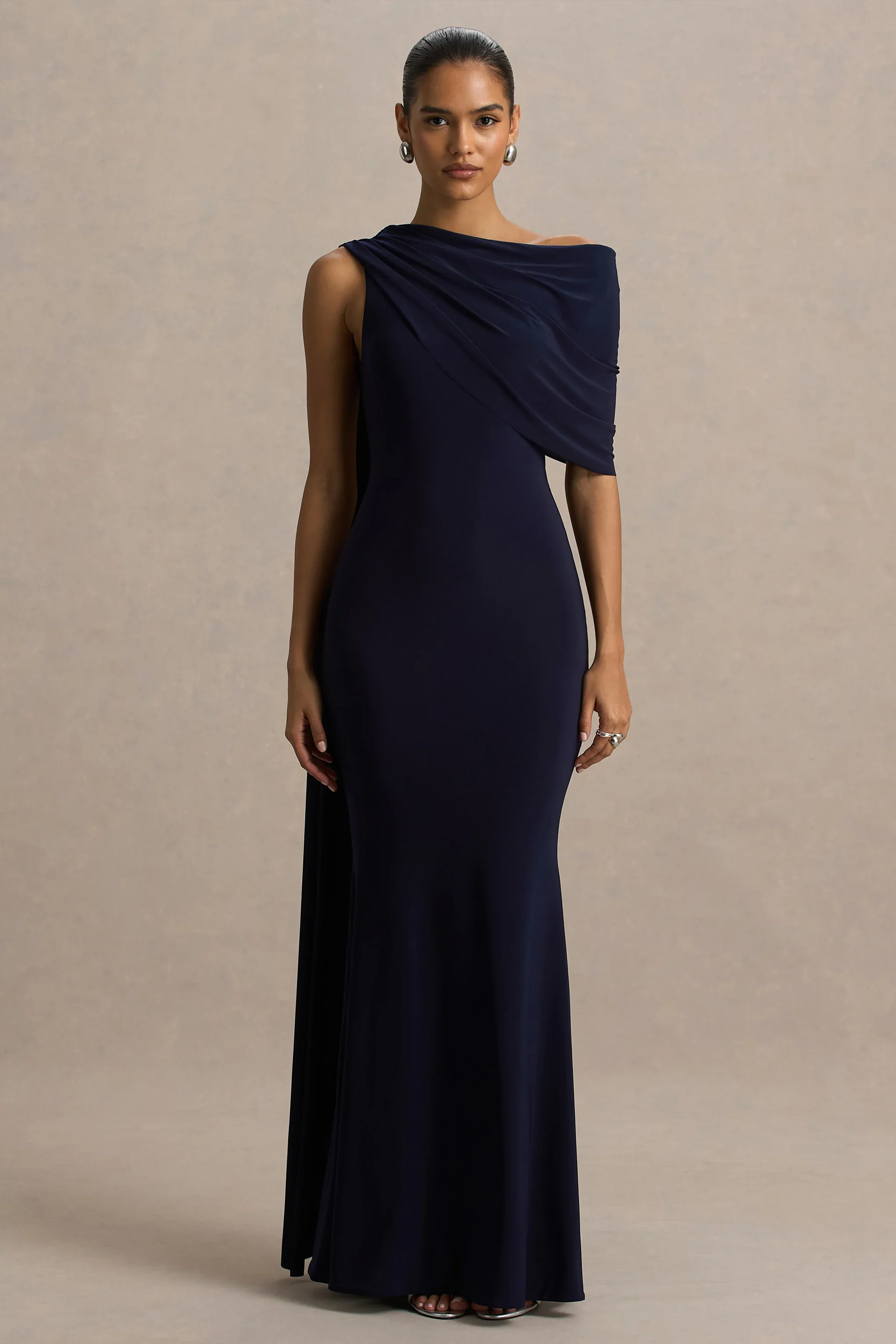 Tiana | Navy Asymmetric-Neck Maxi Dress With Drape-Detail