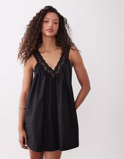 v neck smock poplin mini sundress with lace overlay in black
