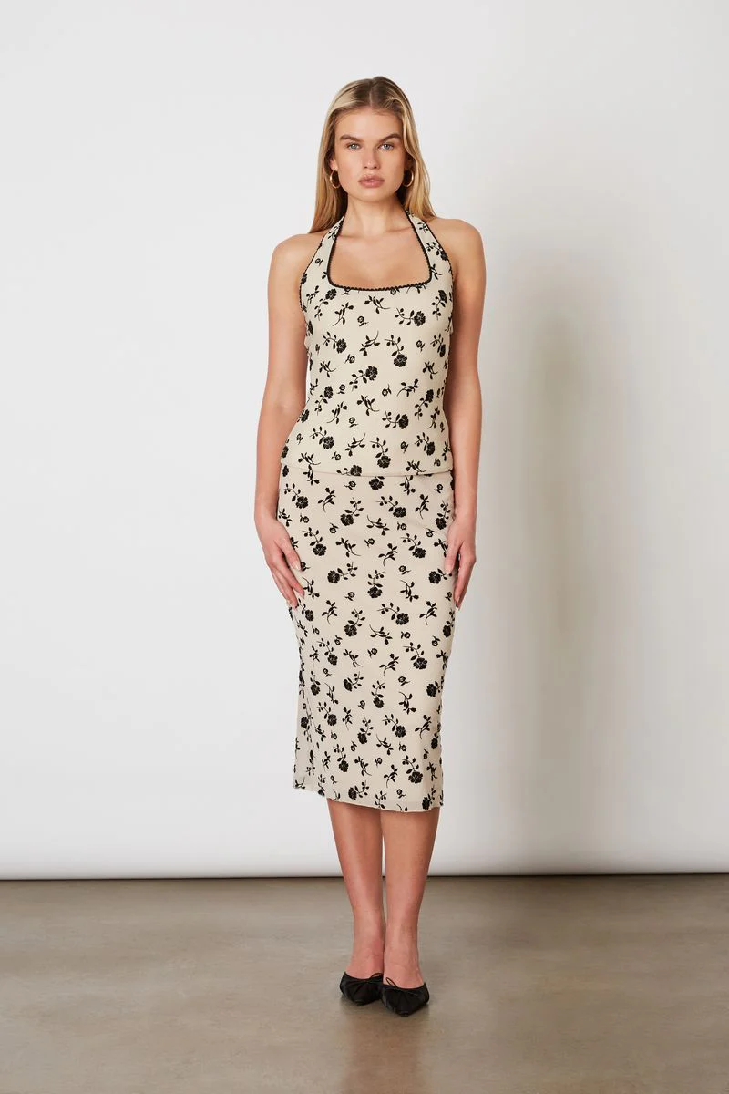 Flocked Velvet Mesh Midi Skirt