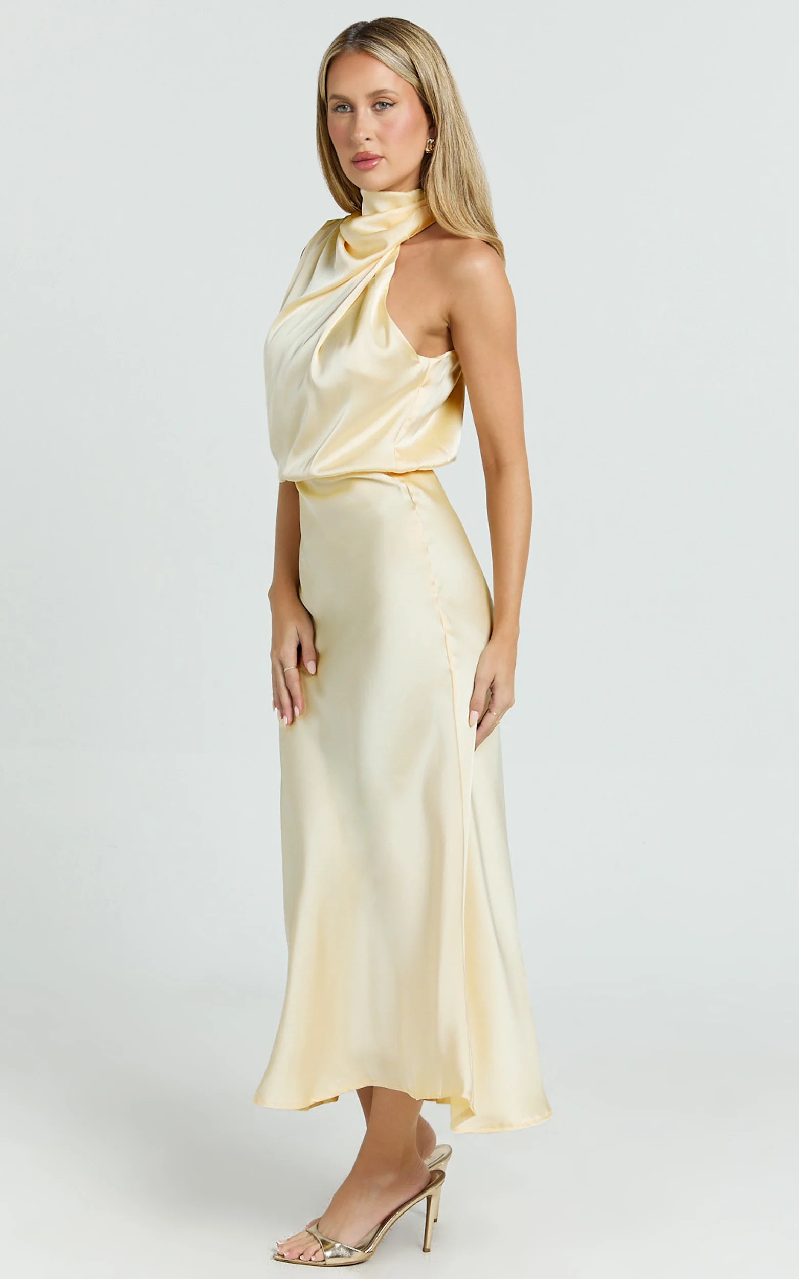 Minnie Midi Dress - Drape Neck Satin Slip Dress in Butter Yellow