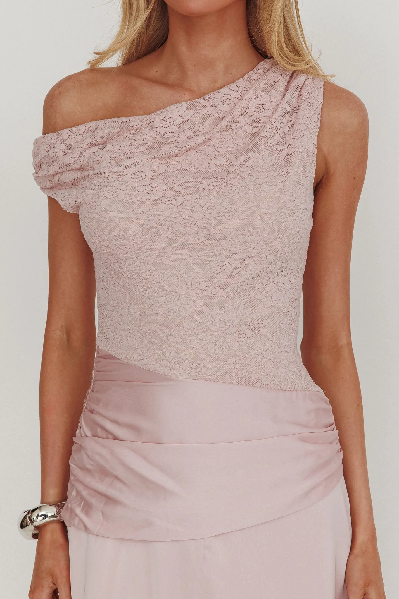 Diana Asymmetric Shoulder Pleat Waist Maxi Dress Blush - luluinthesky