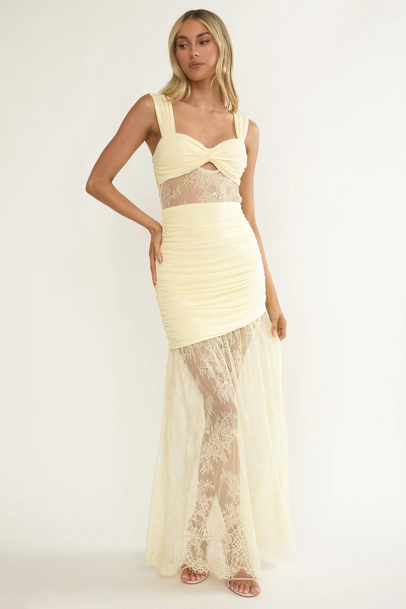 Oliana Twist Bust Lace Maxi Dress Lemon - luluinthesky