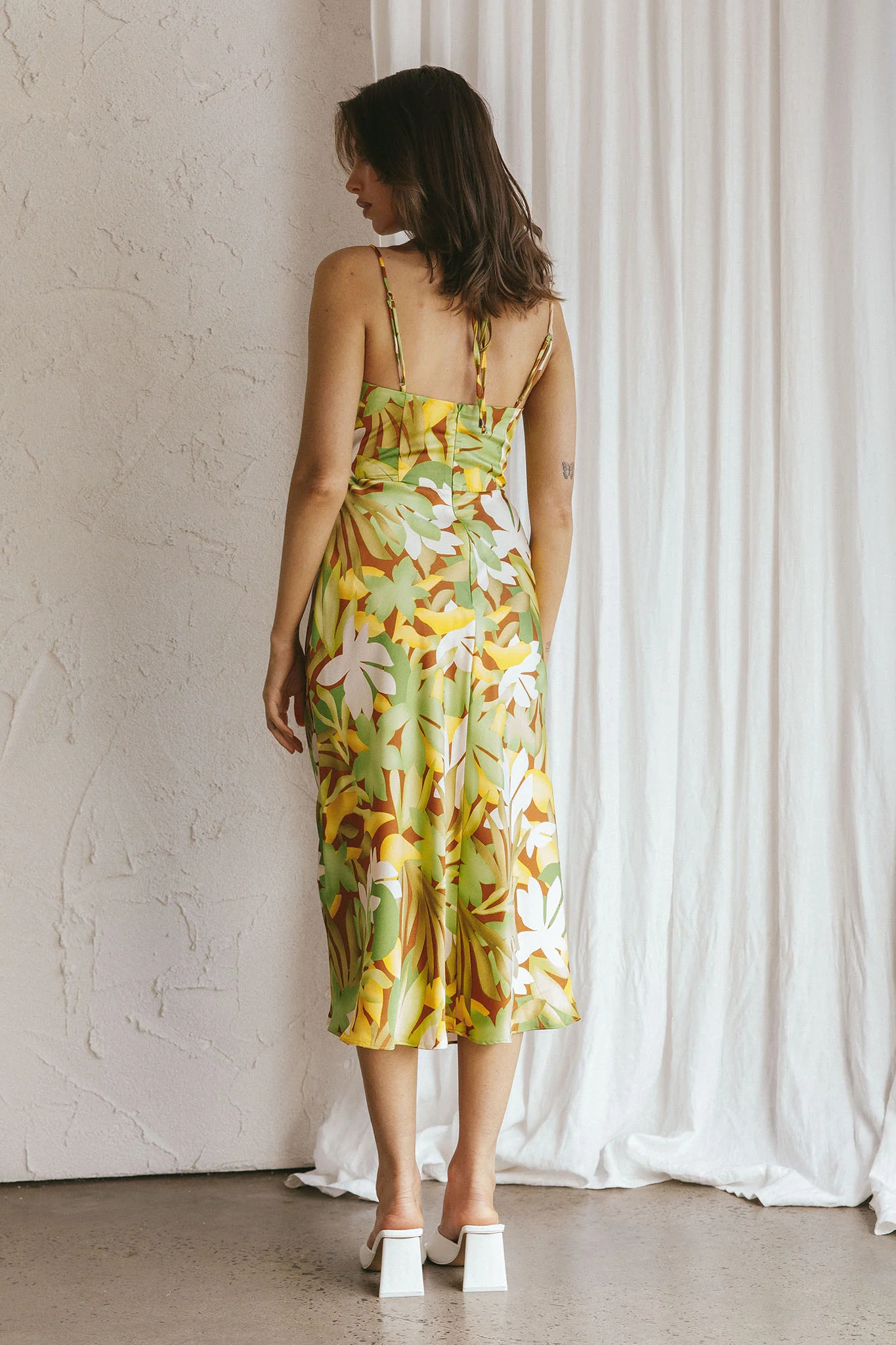 Emmalie Satin Midi Dress Floral Green