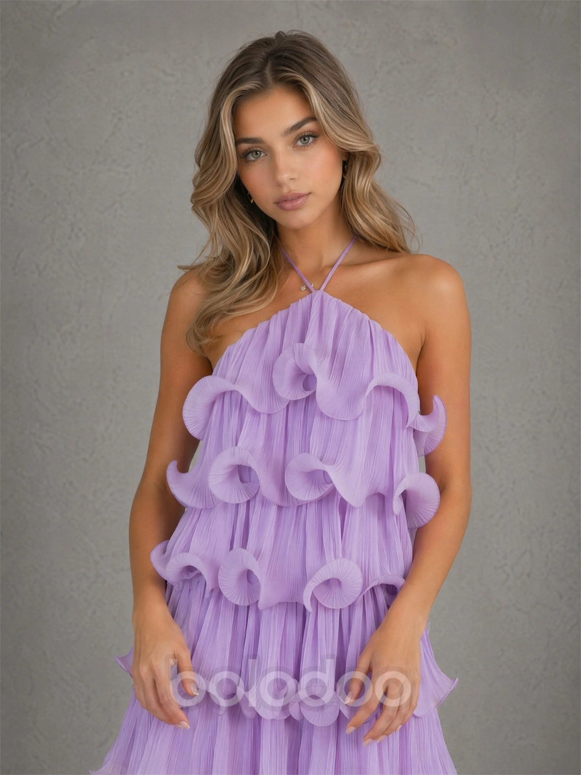 BOLODOO Lavender Pleated Tulle Tiered 3D Ruffle Halter Neck Open Back A-Line Mini Dress