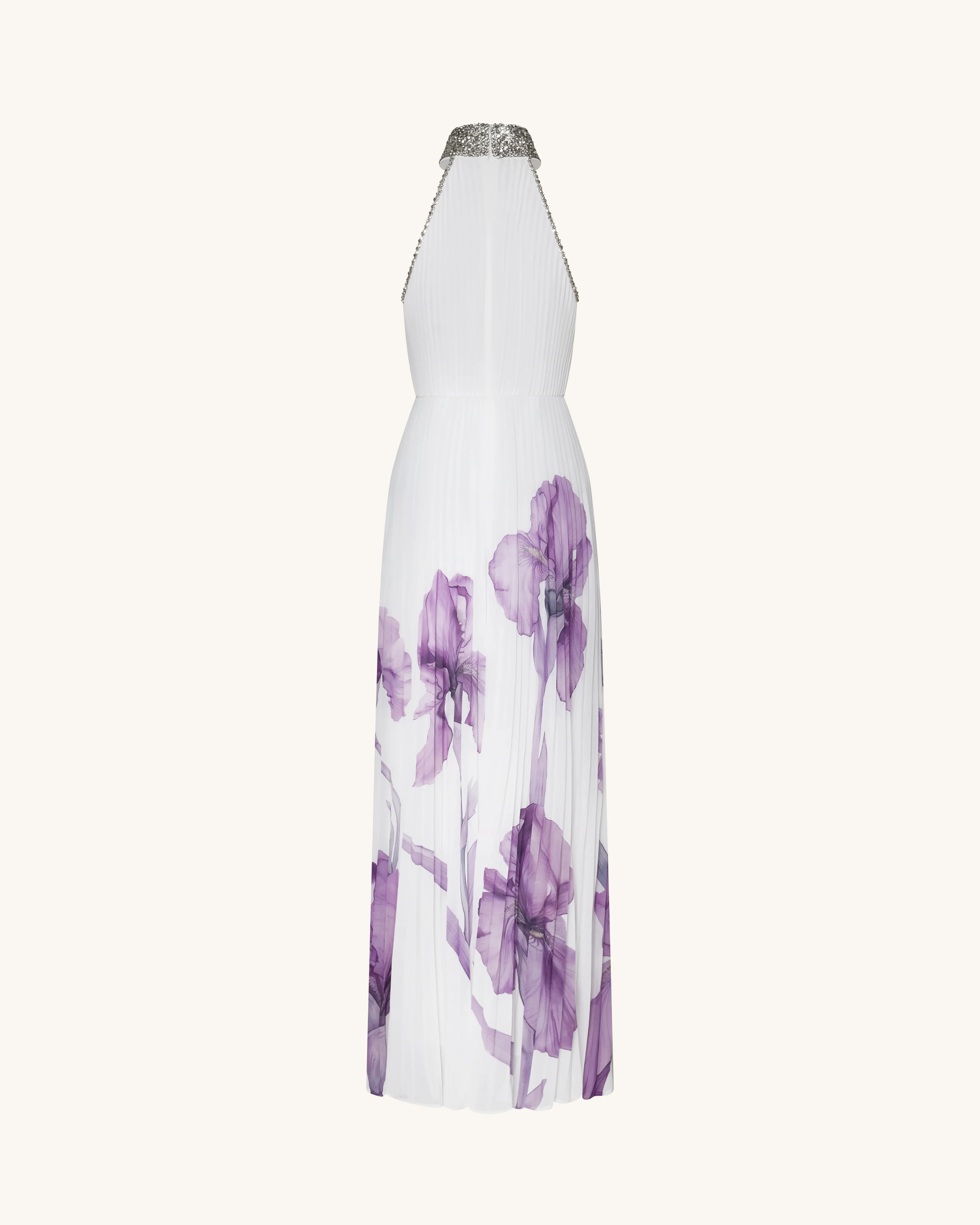 Jeweled-neck Halter Pleated Iris Print Maxi Dress - White/Purple - FASHION NOB