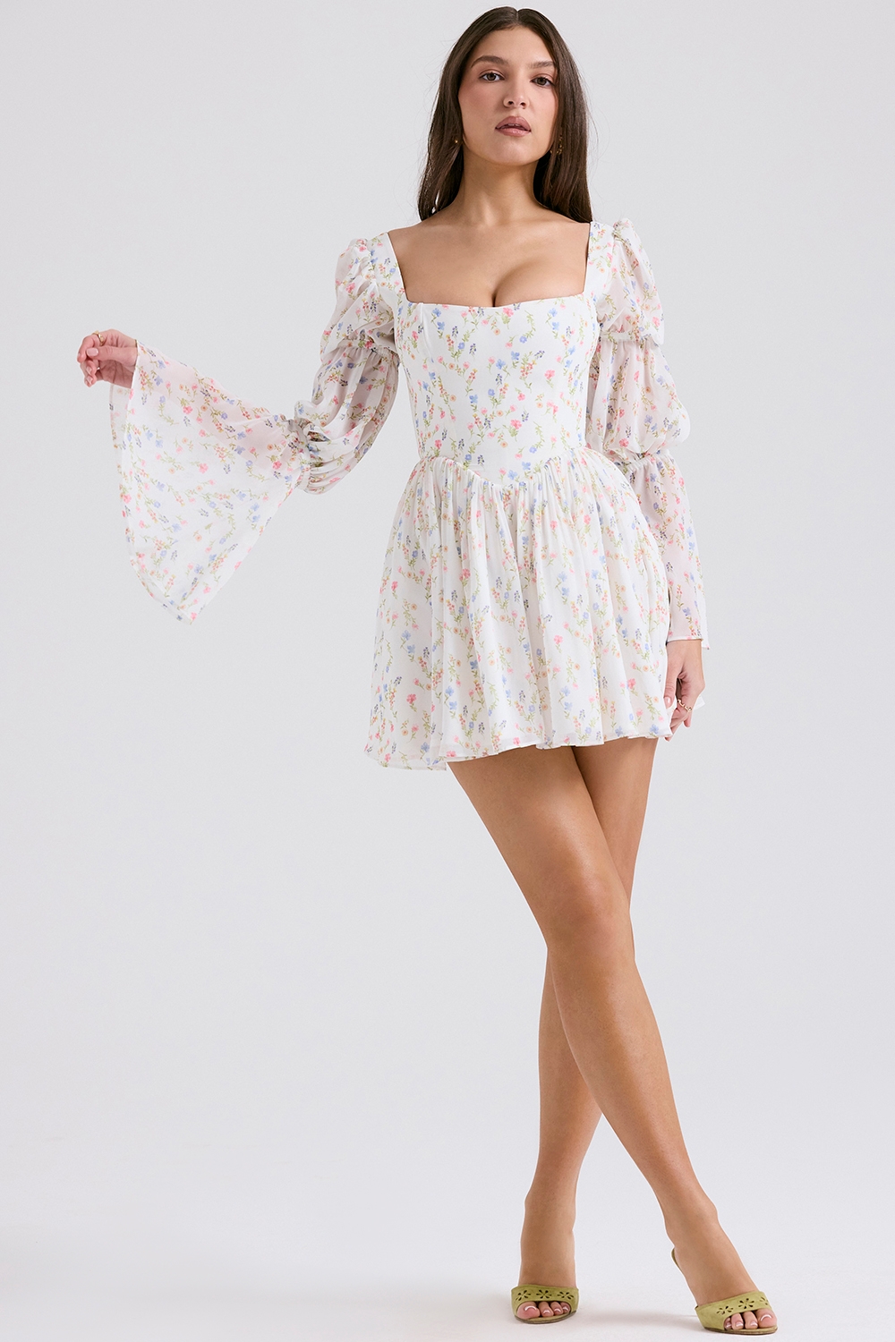 White Posy Print Puff Sleeve Mini Dress
