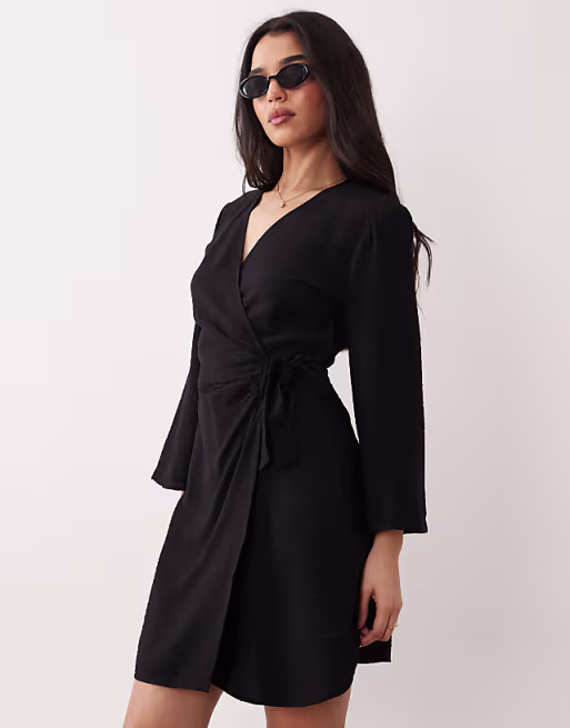 JDY kimono-inspired wrap mini dress in black