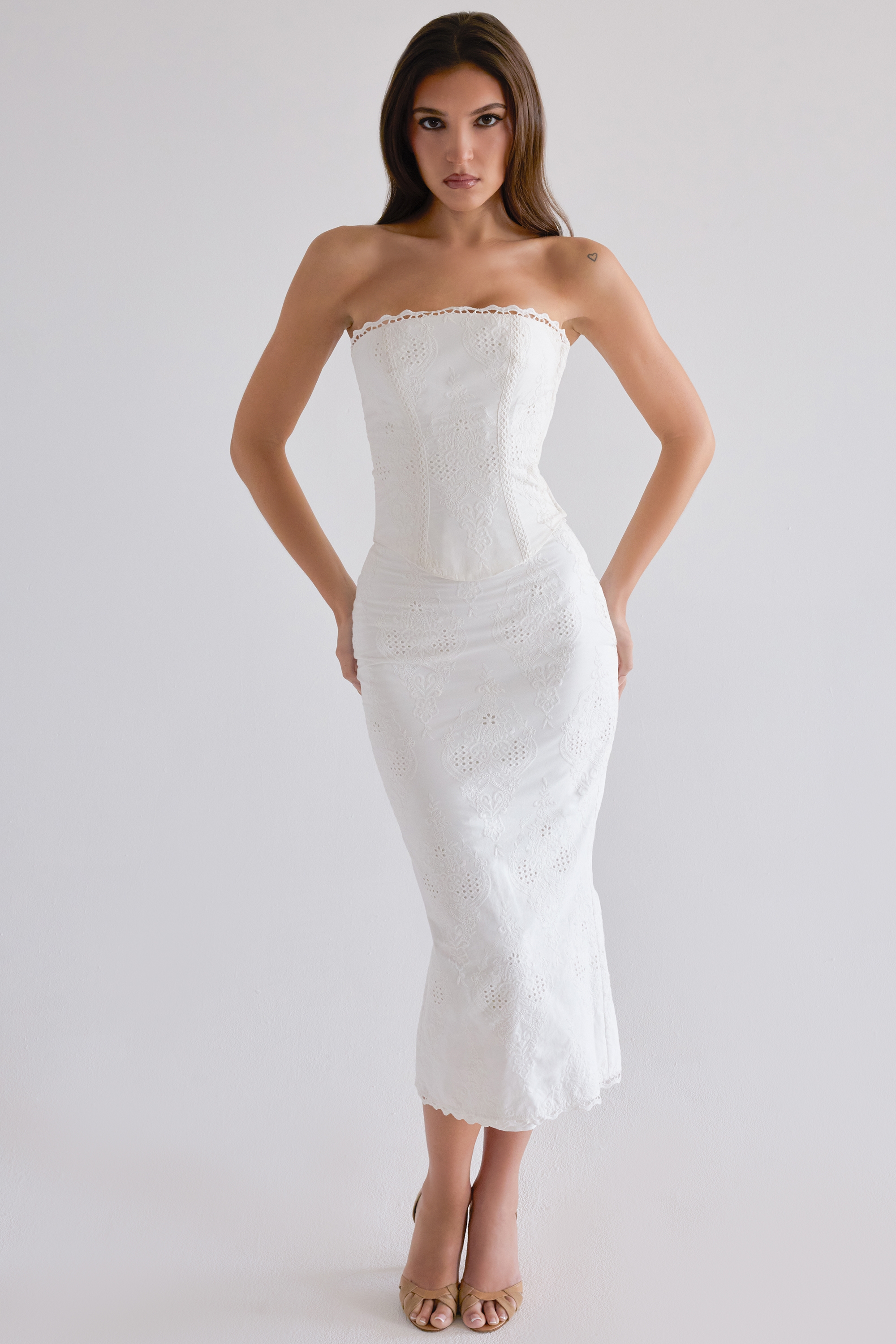 White Cotton Broderie Anglaise Midi Skirt