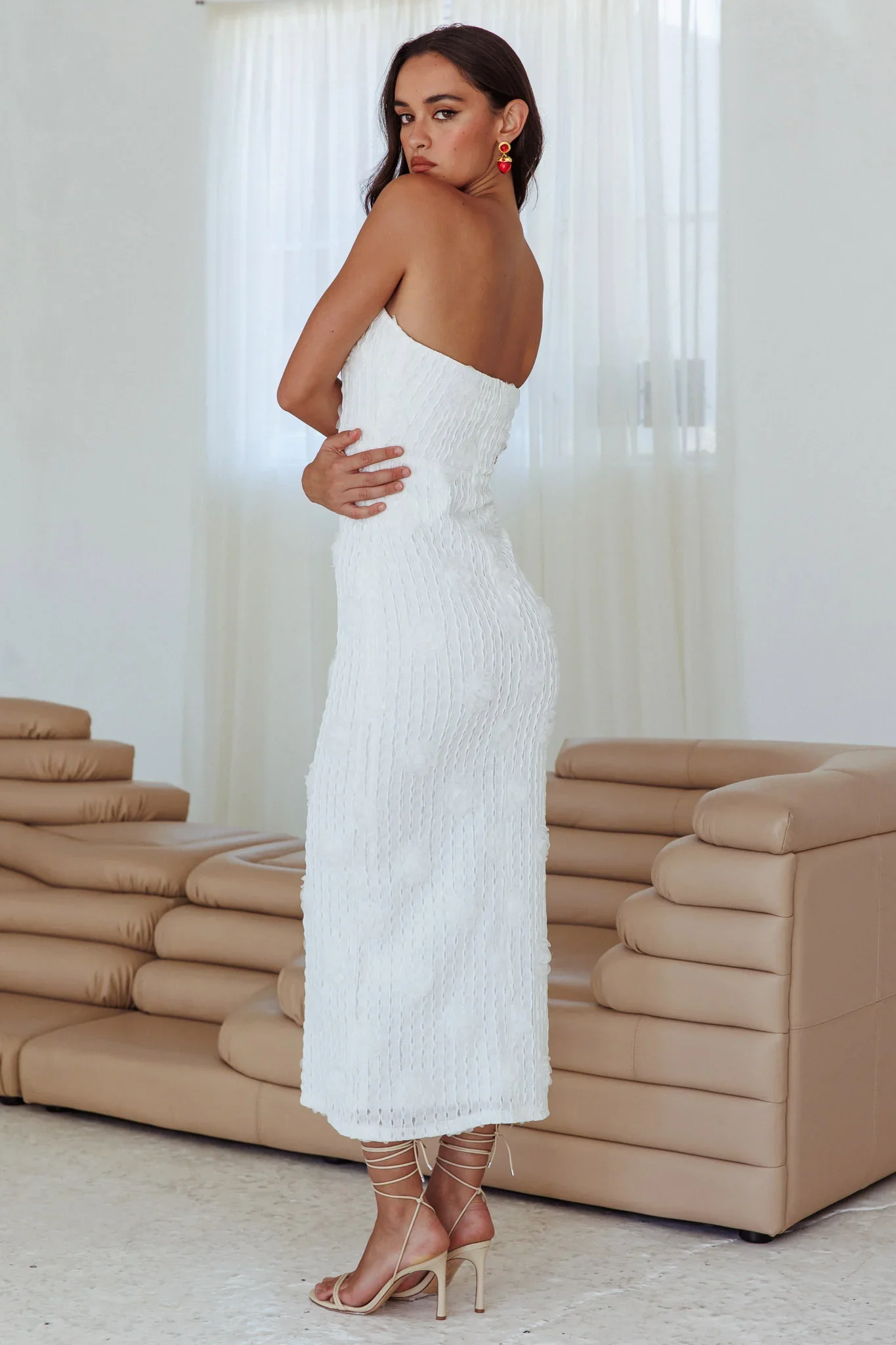 Horizon Strapless Textured Floral Midi Dress White