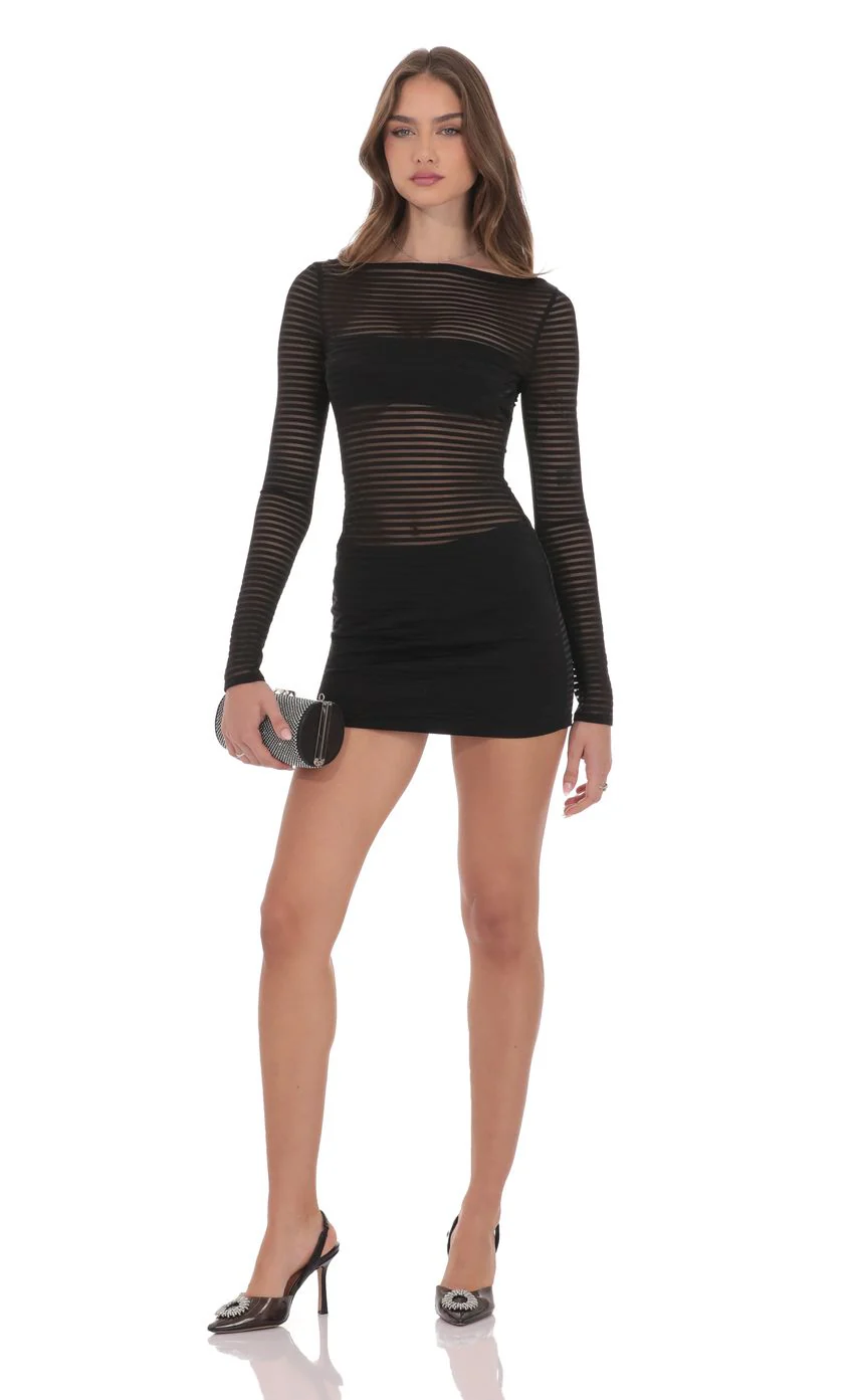 Sheer Striped Cutout Dress in Black - luluinthesky