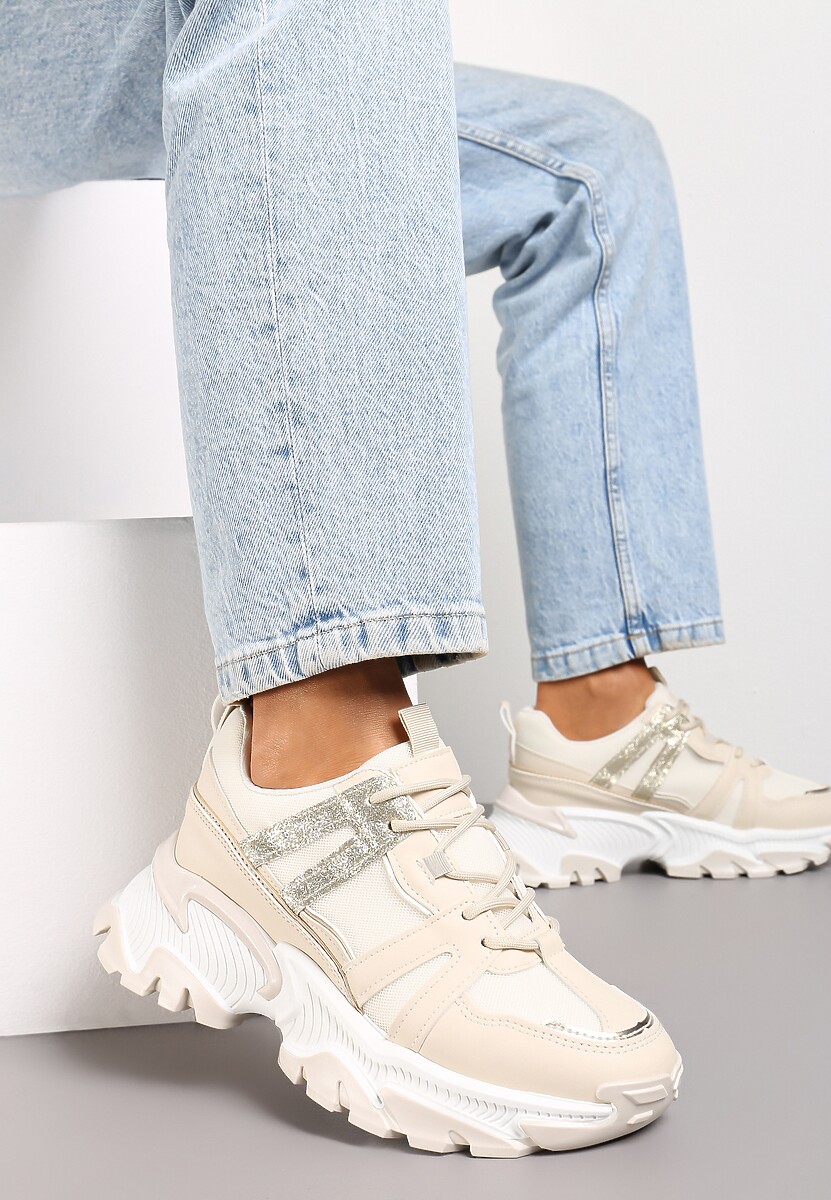 Beżowe Sznurowane Sneakersy na Grubej Podeszwie ze Wstawkami i Brokatem Widgeta