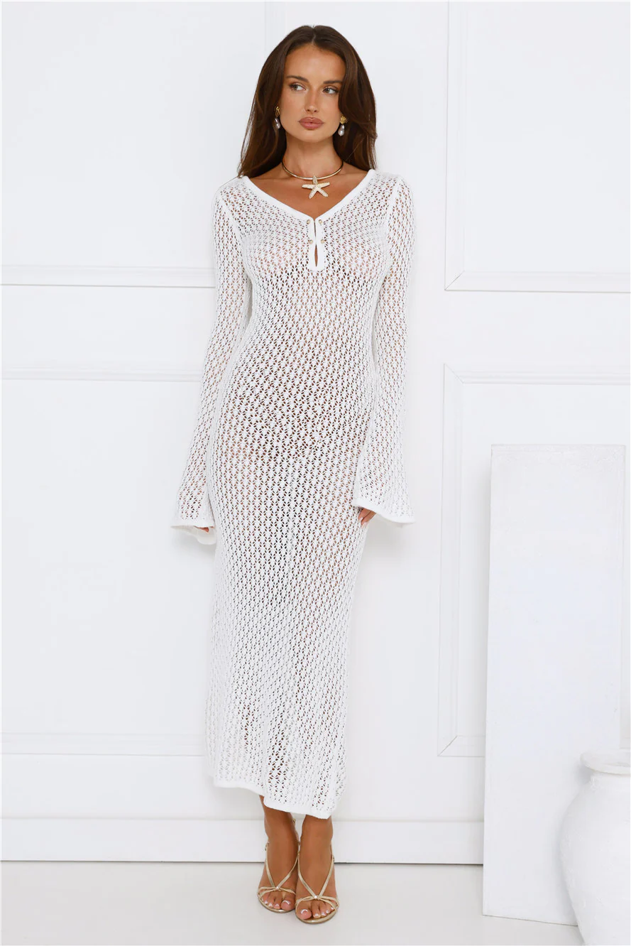 Sailing Into Sunset Knit Long Sleeve Maxi Dress White