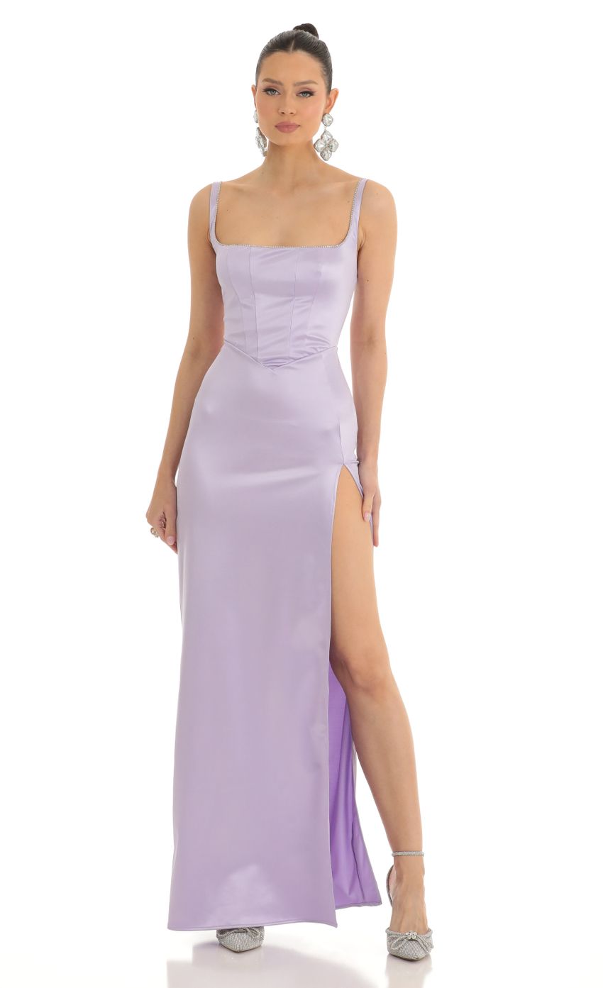 Satin Rhinestone Maxi Dress in Lilac