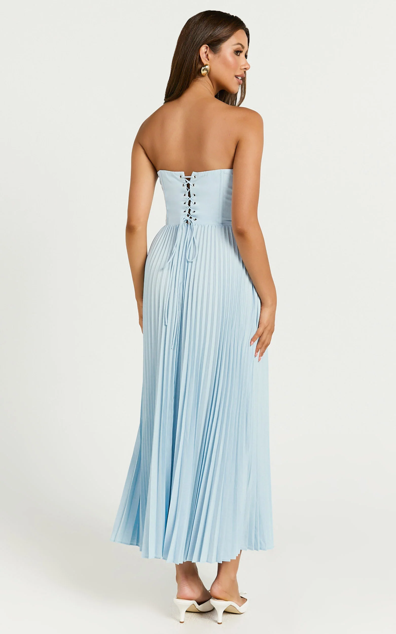 Loretta Midi Dress - Lace Up Back Bustier Pleated Dress in Light Blue