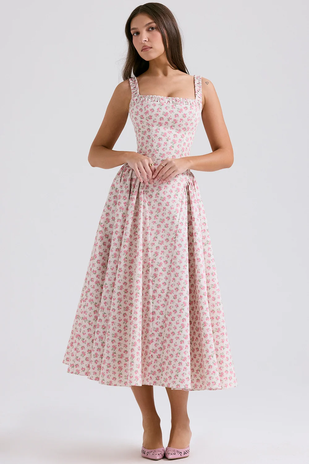 White Rosebud Print Cotton Midi Sundress
