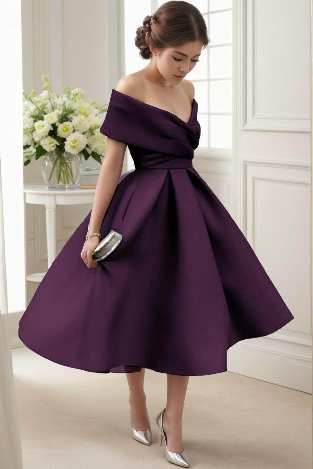 A-Line Tea Length Satin Graduation Dresses CS0556