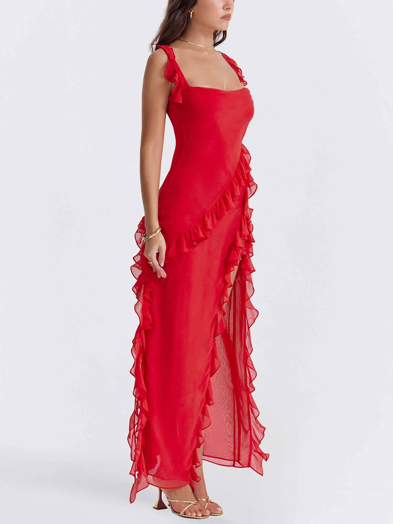 Red Ruffled Cutout Maxi Dress with High Slit