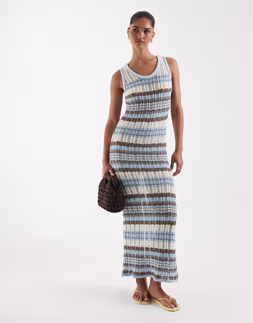 knit ladder stitch maxi dress in blue stripe