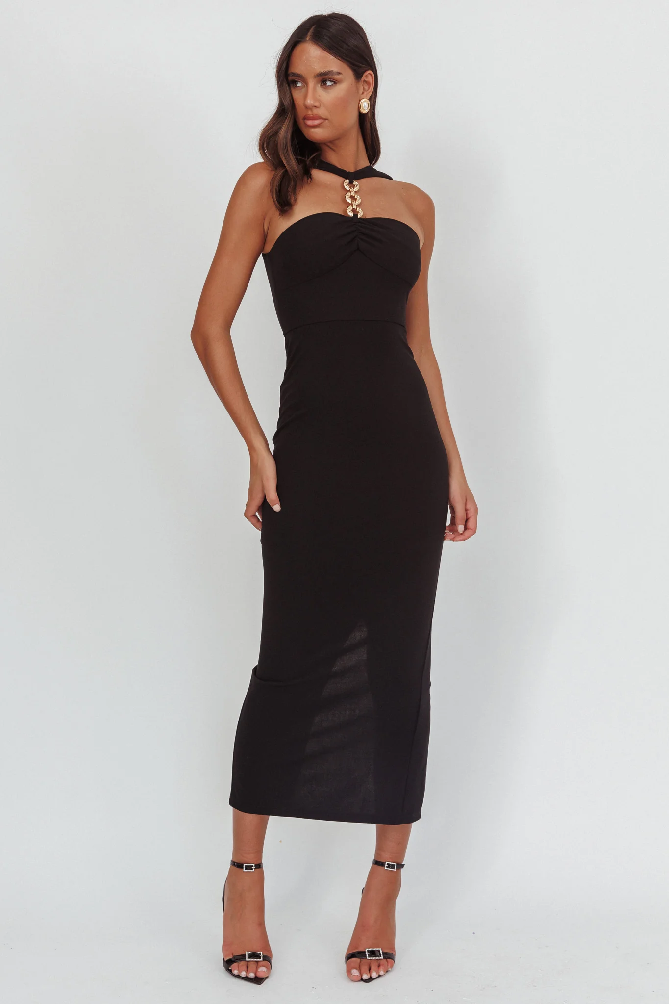 Maretha Gold Link Neckline Maxi Dress Black