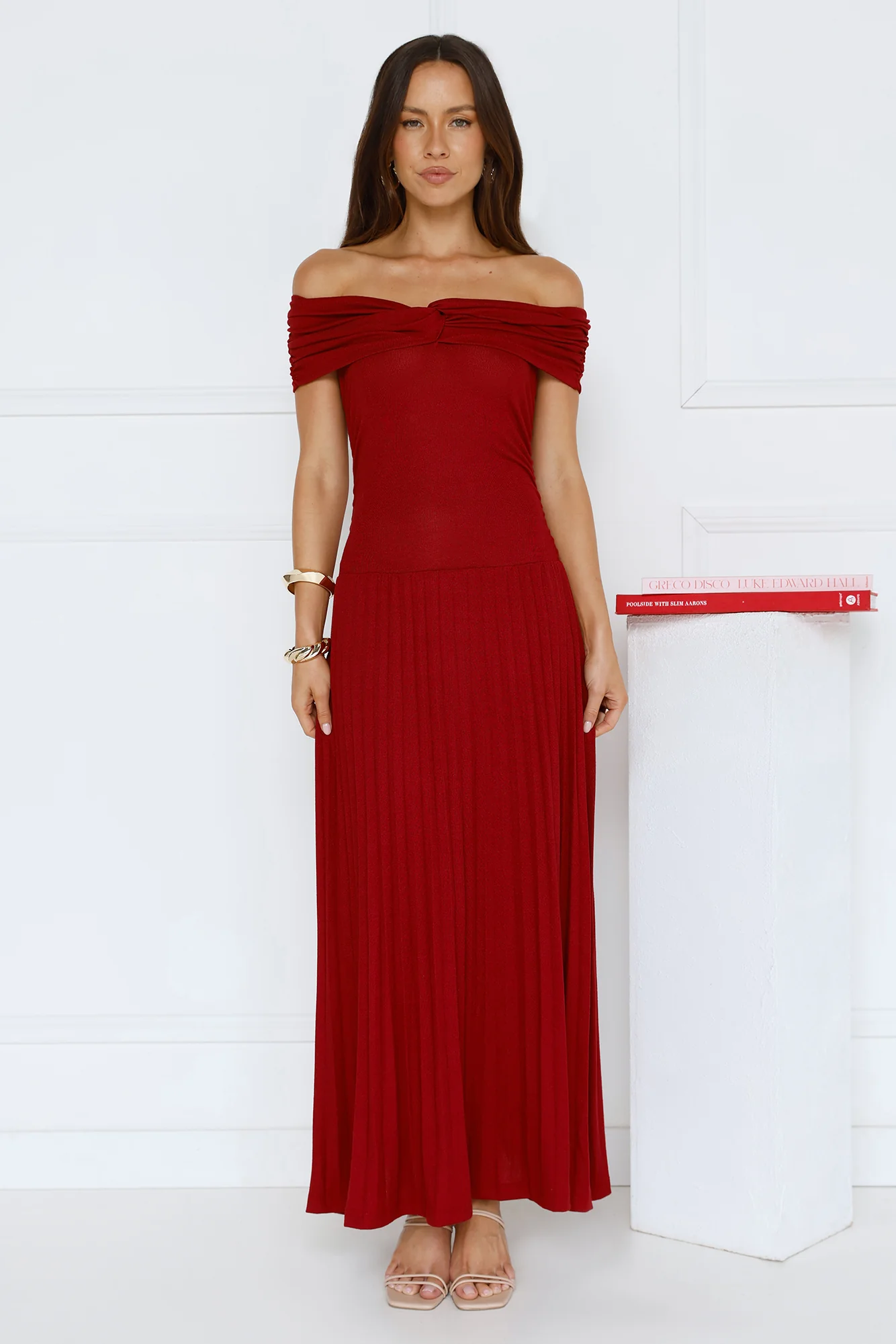 Nikita Off Shoulder Ribbed Maxi Dress Red