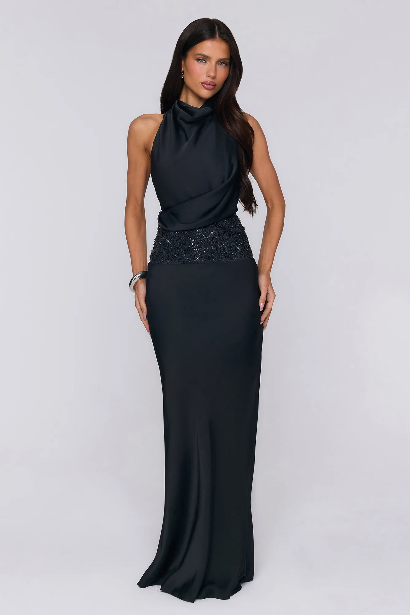 Gossip And Glitter Halter Satin Maxi Dress Black