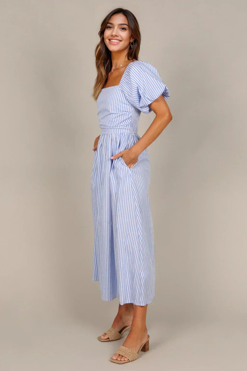Clo Puff Sleeve Maxi Dress - Blue Stripe - luluinthesky