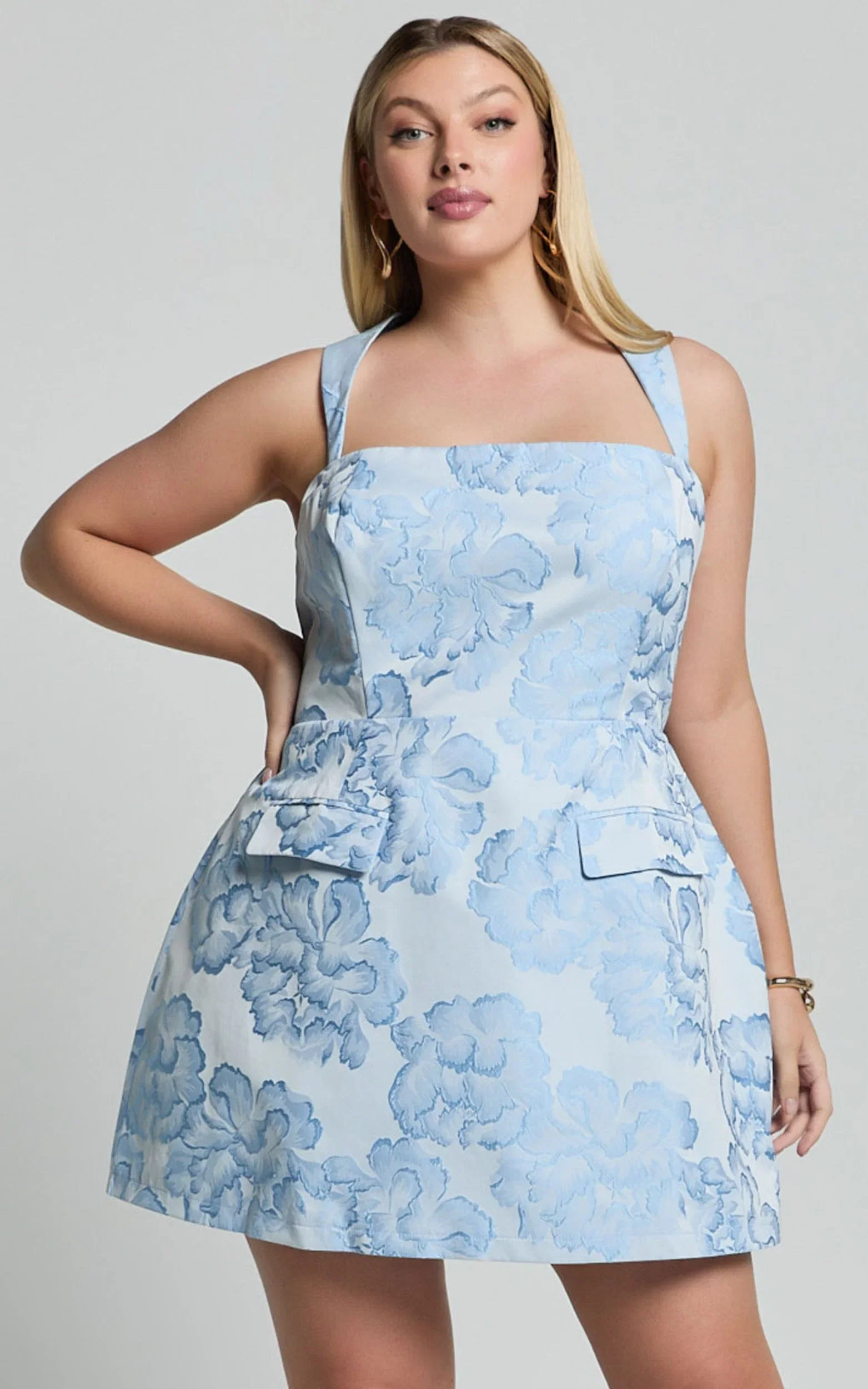 Kyra Mini Dress - Square Neck Open Back Jacquard Mini Dress in Light Blue