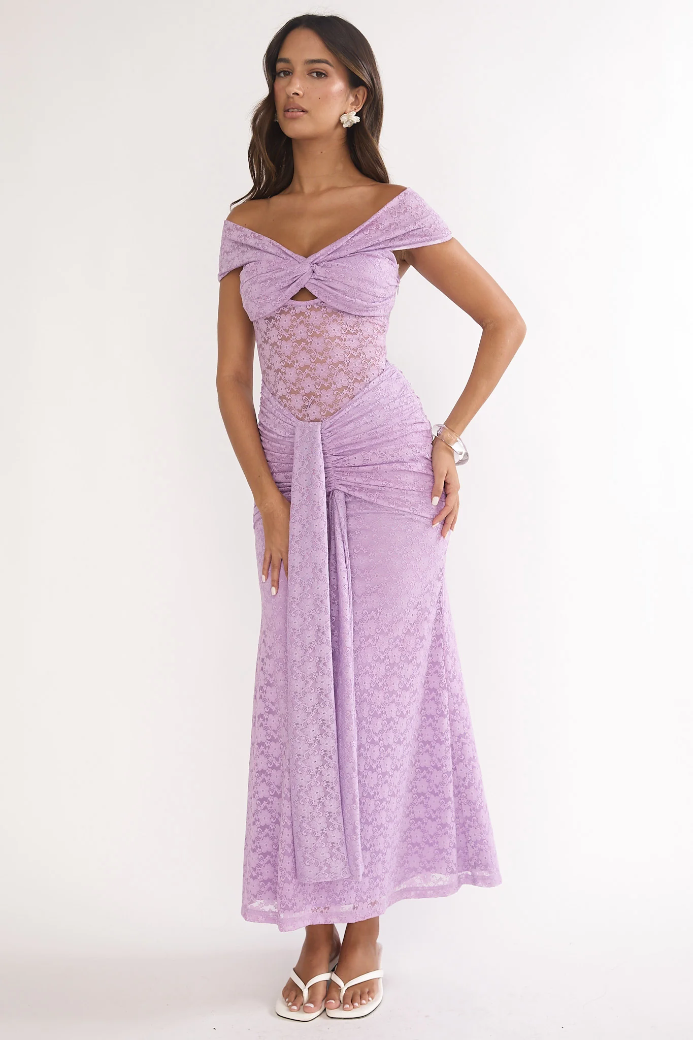 Kamilah Ruched Lace Maxi Dress Lilac - luluinthesky