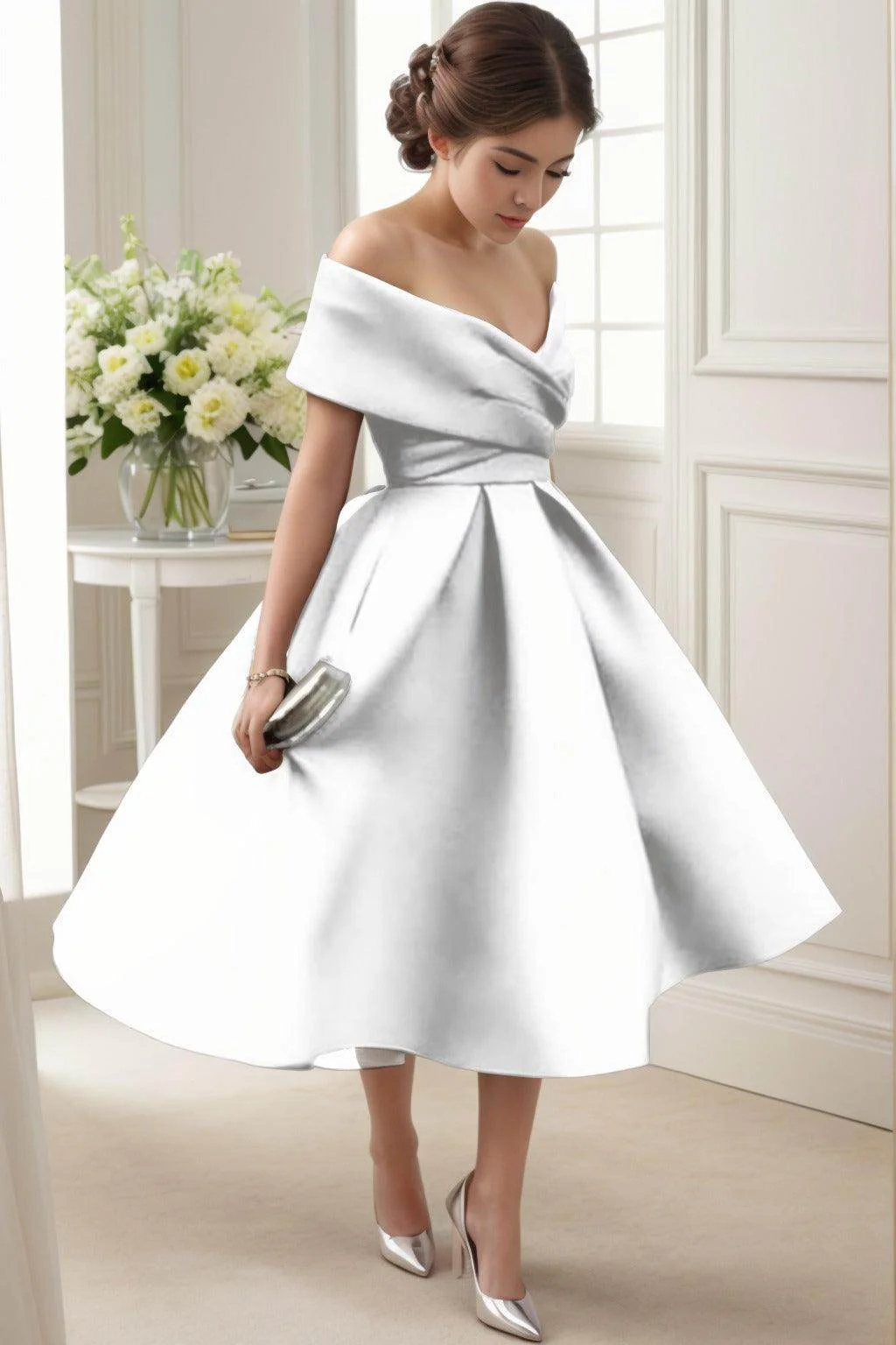 A-Line Tea Length Satin Graduation Dresses CS0556