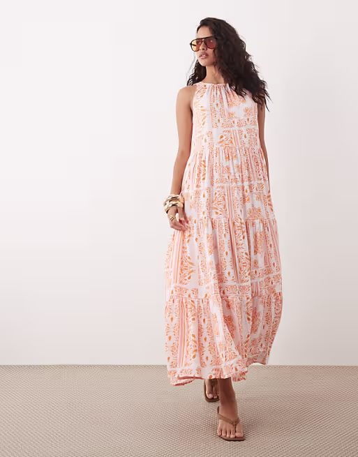 YAS sleeveless tiered hem smock maxi dress in orange tile print