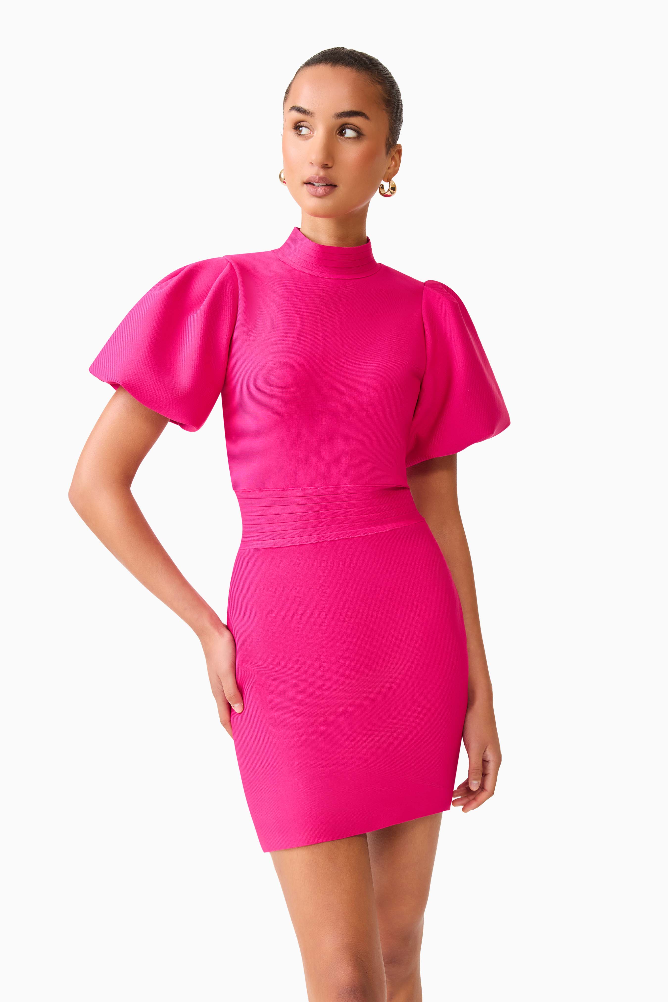 Naomi Puff Sleeve Mini Dress in Raspberry Pink