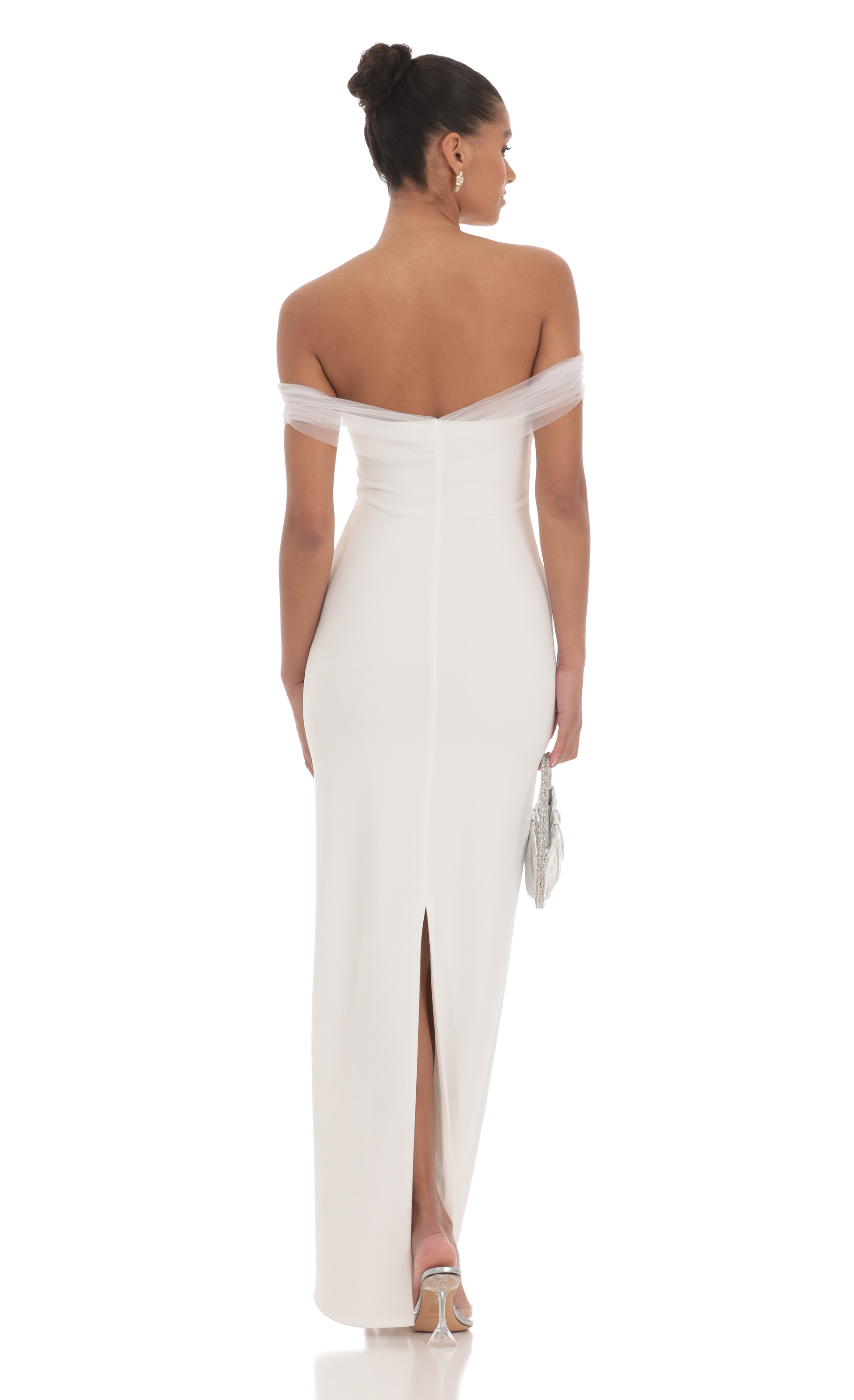Tulle Off Shoulder Sleeve Maxi Dress in White - luluinthesky
