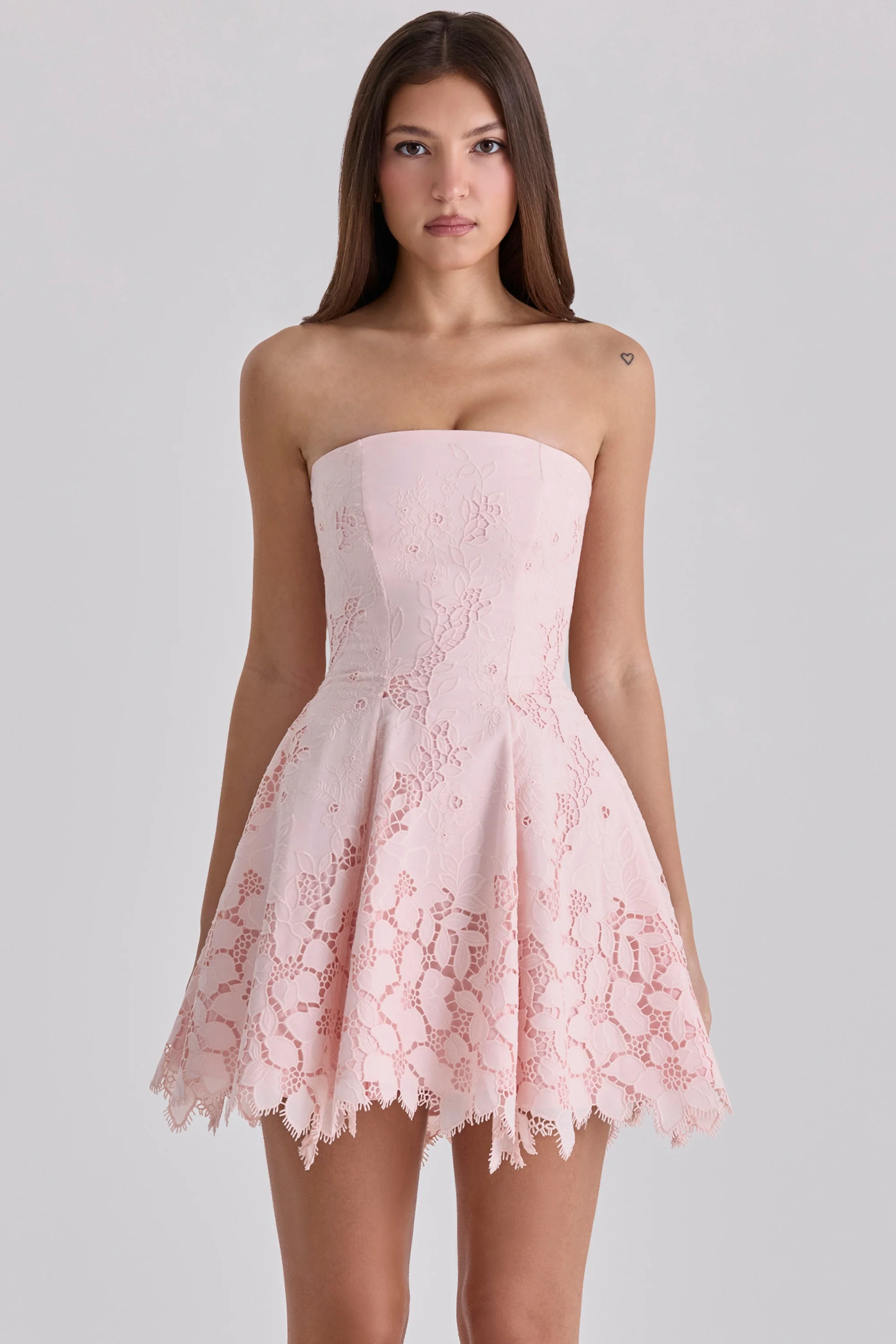 pink strapless cut out broderie anglaise mini dress