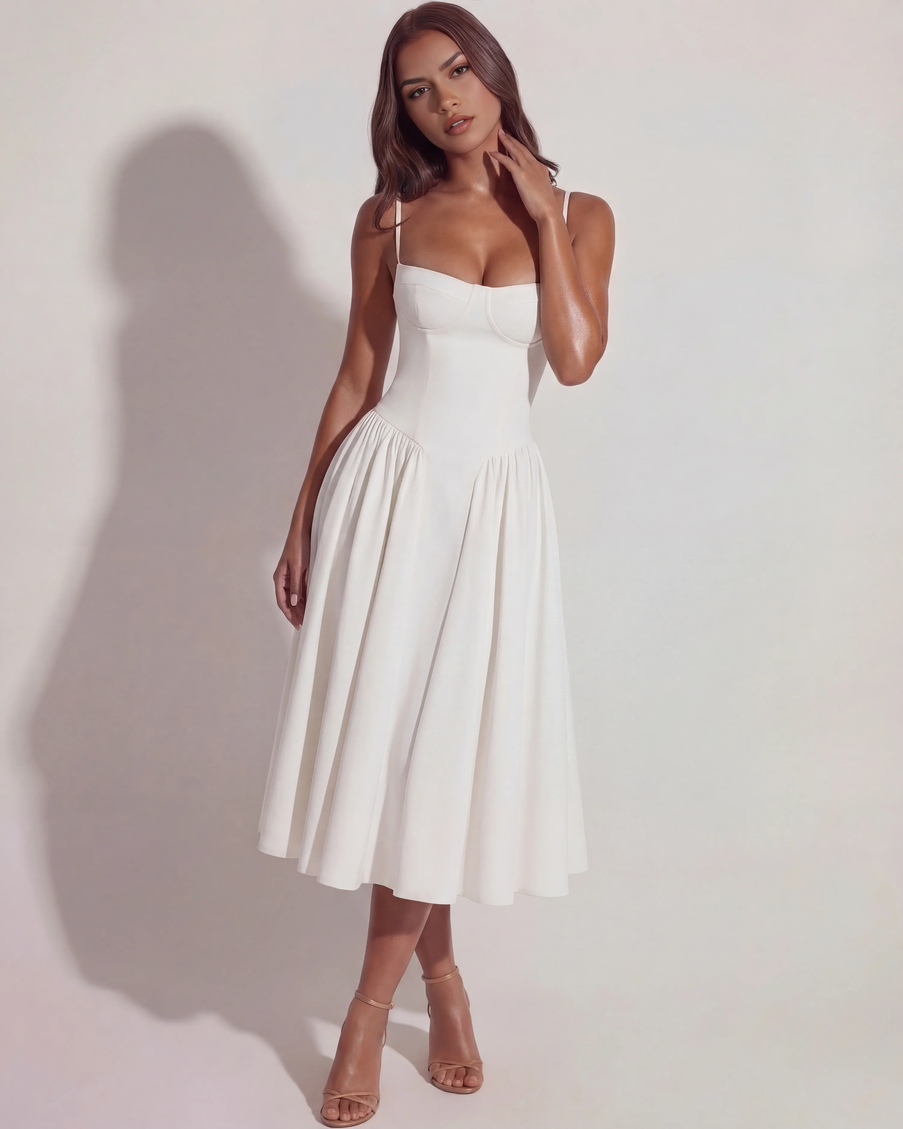 White Midi Dress with Sweetheart Neckline and Hidden Pockets