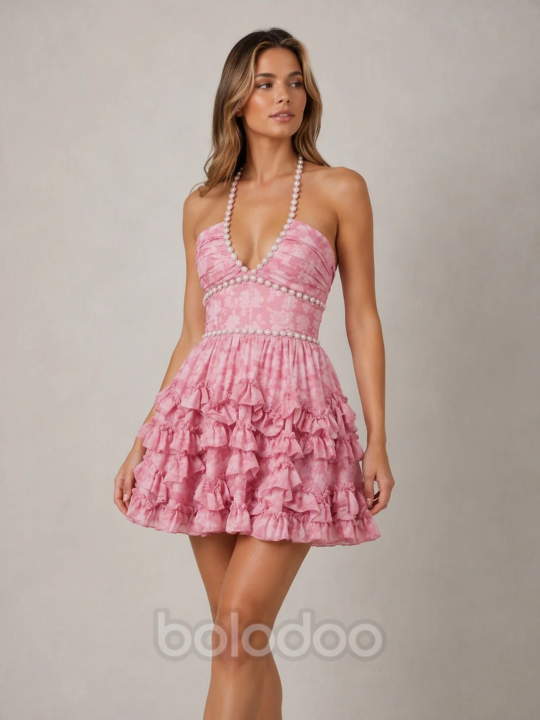 BOLODOO Pink Pearl Trim Halter Tiered Ruffle Mini Dress