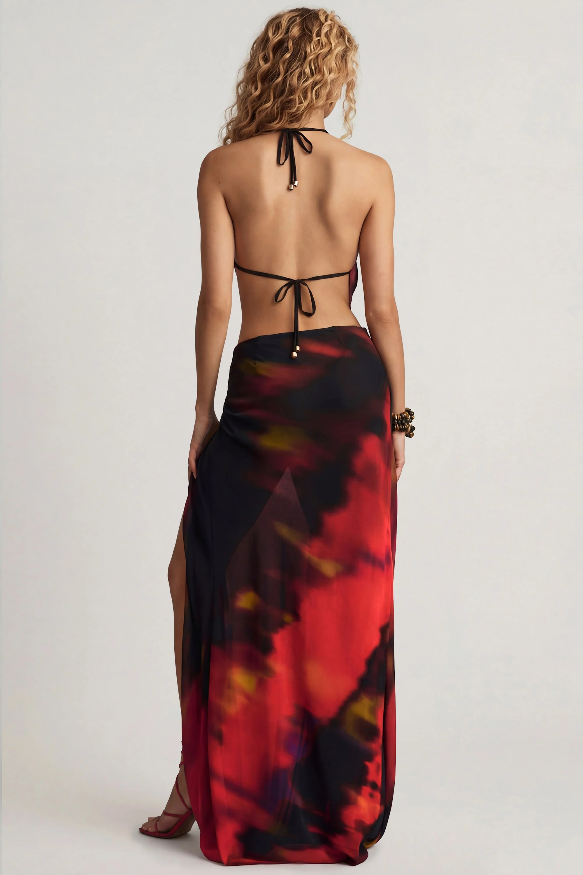 Mid-Rise Split Maxi Skirt in Red Blurred Print