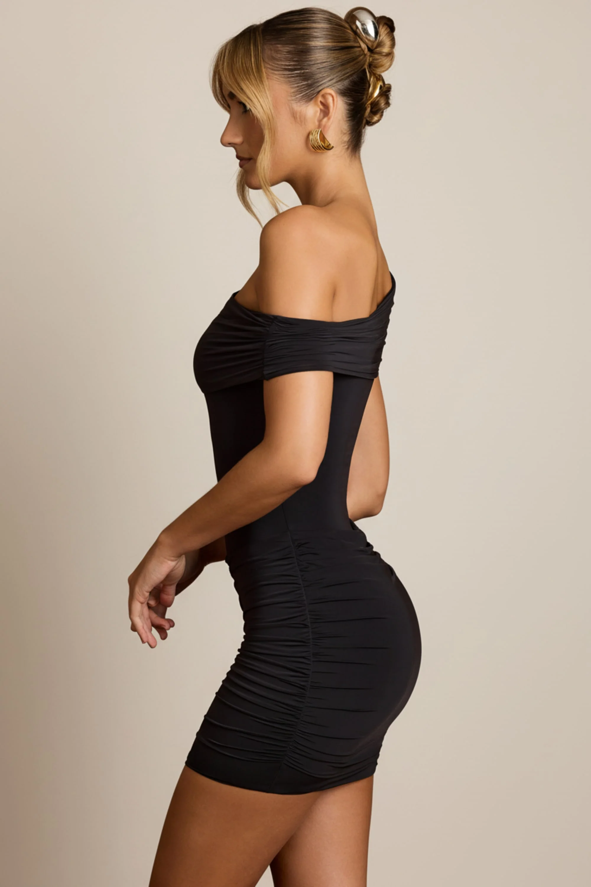 Off-Shoulder Draped Mini Dress in Black