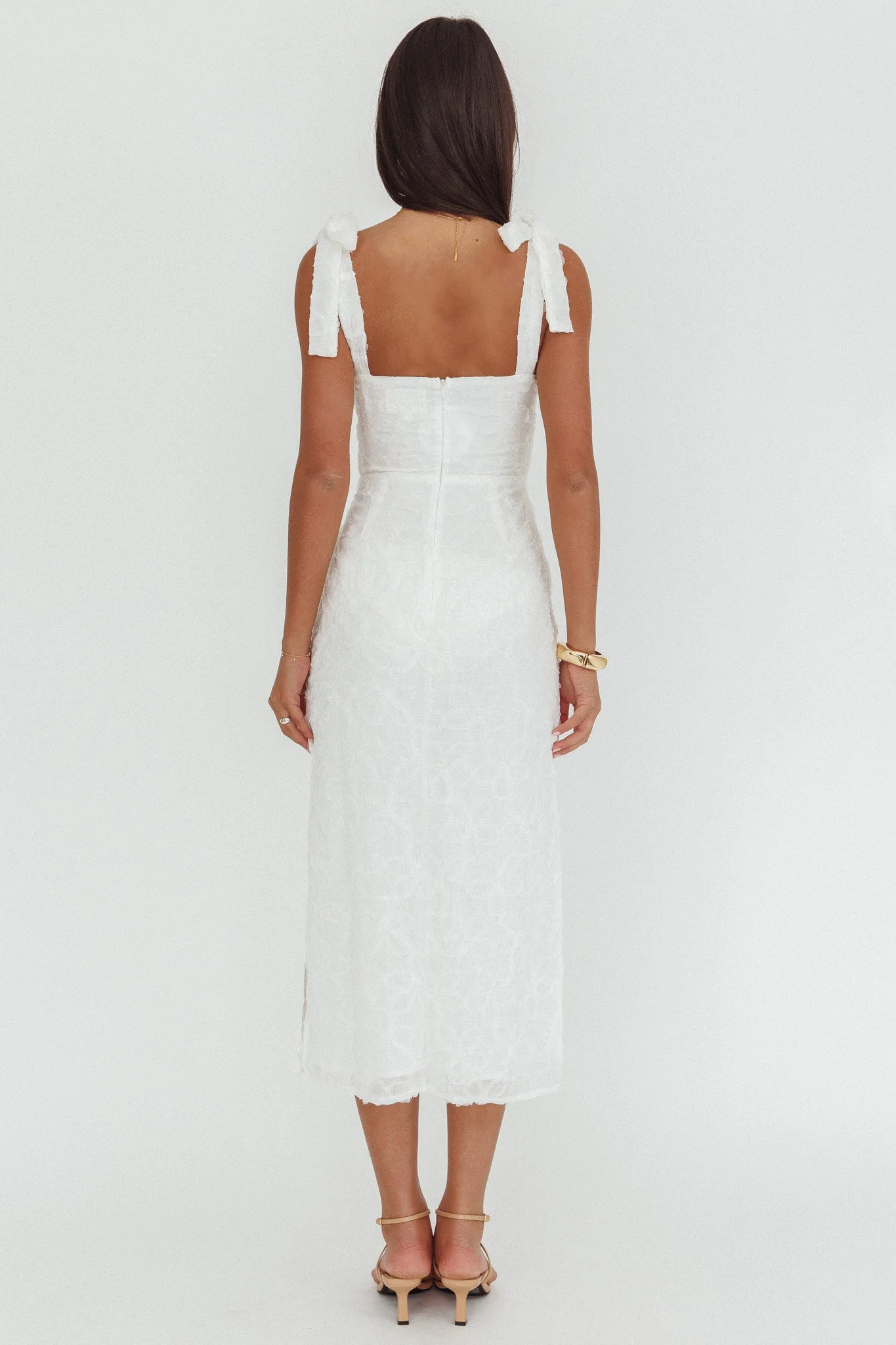 Cupid Tied Shoulder Embellished Midi Dress White