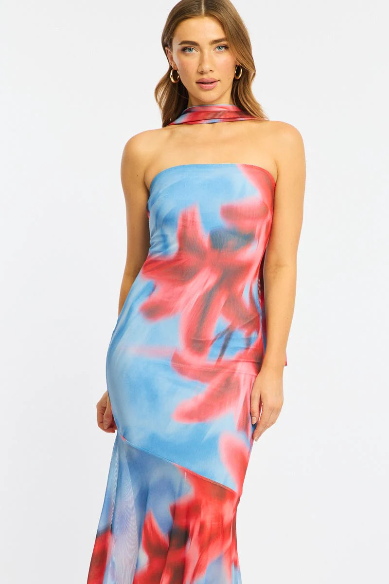 Blue Floral Strapless Maxi Dress