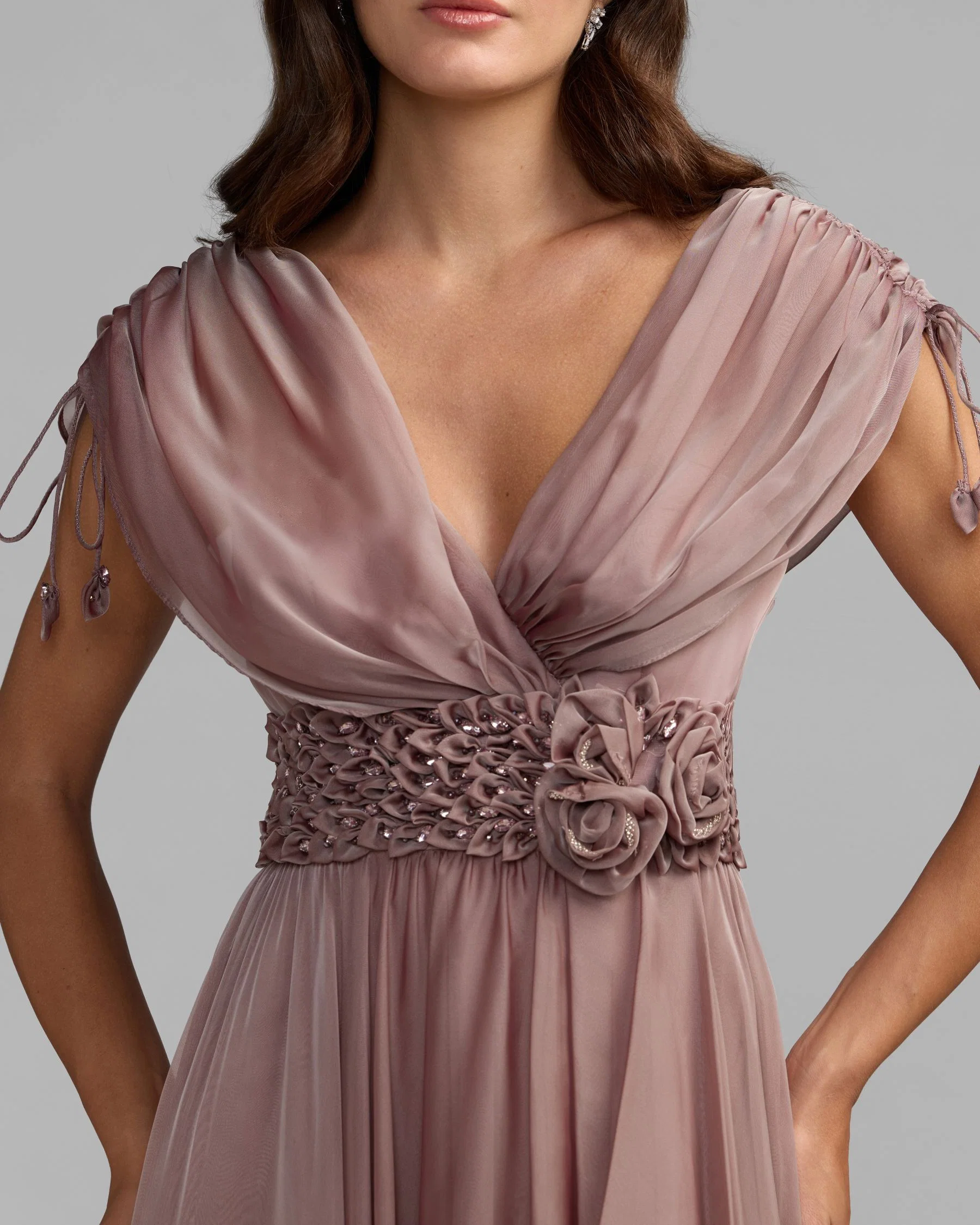 Purple Crystal Floral Waist Chiffon Gown - FASHION NOB
