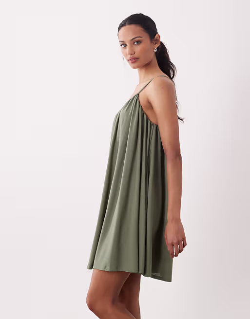 textured one shoulder mini dress in khaki green