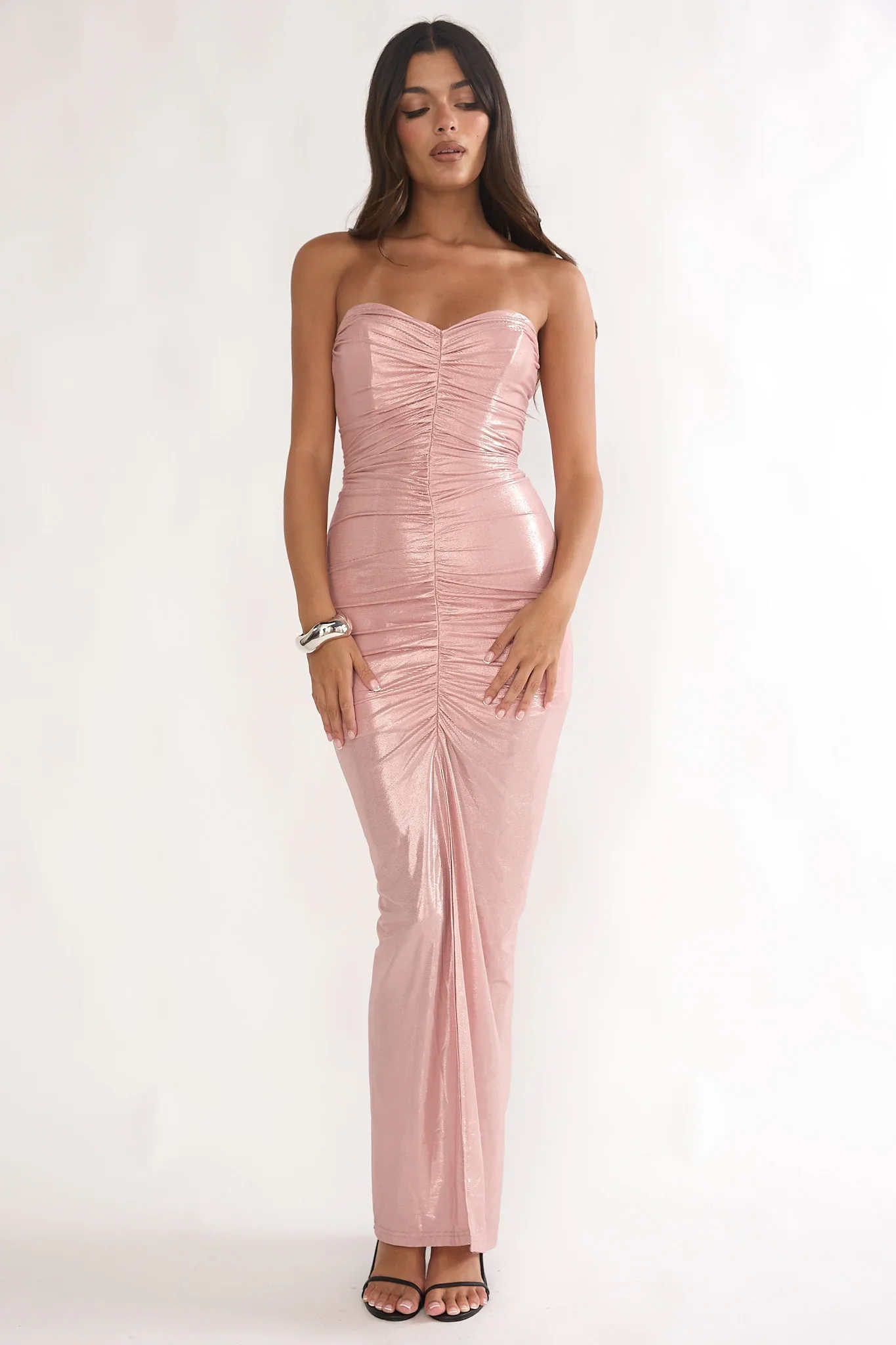 Nerina Strapless Ruched Maxi Dress Rose