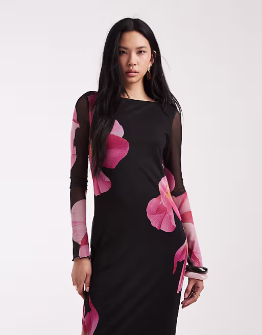 Vero Moda Tall long sleeve mesh maxi dress in black with overblown floral